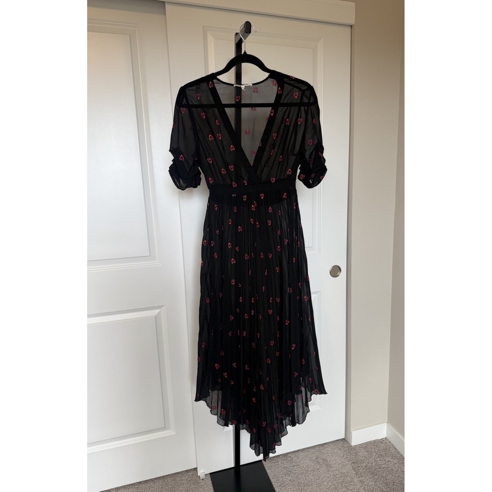 Maje Black Rengo Sheer Embroidered Heart Pleated MIDI‎ Dress 2 / Medium